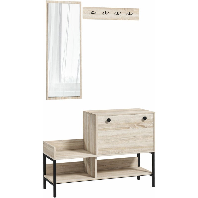 Homcom - Ensemble de meubles d'entrée - organisateur d'entrée - meuble à chaussures, 4 patères doubles, 3 étagères - noir aspect chêne clair