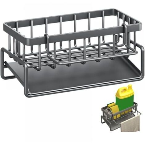 Organisateur d'évier de cuisine, boîte de rangement d'éponge en acier inoxydable avec bac de vidange et porte-serviettes