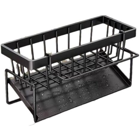 Organisateur D'évier de Cuisine Noir Multifonctionnel 2 en 1 Porte Éponges Pas de Perçage Organisateur Evier Acier Inoxydable Rangement pour Liquide Vaisselle Bouchon D'évier et Chiffon(