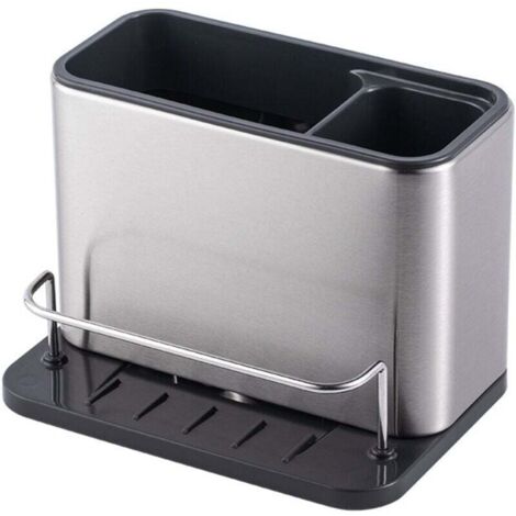 Organisateur d'évier en acier inoxydable - Étagère à deux compartiments - Avec bac récupérateur amovible - Boîte de rangement pour évier de cuisine - Noir