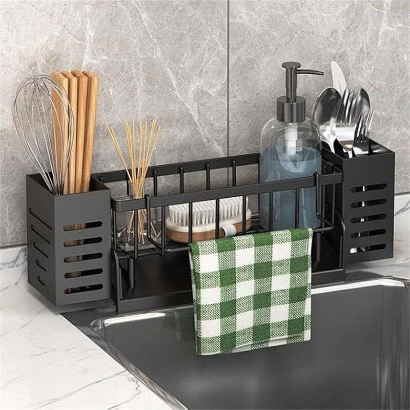 Organisateur d'évier, porte-éponge de cuisine, organisateur d'évier avec porte-torchon et boîte de rangement, avec bac de vidange automatique, Noir