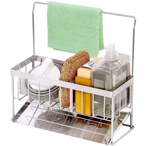 Organisateur D'évier Porte Eponge Evier Cuisine Support Eponge Evier Cuisine INOX avec Séparateur Amovible Porte Eponge avec Porte-Serviettes