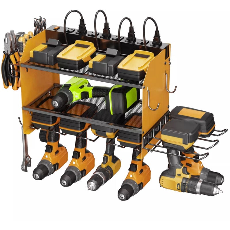 Organisateur d'outils électriques avec station de charge, étagère à outils flottante, support mural, support de rangement à 3 niveaux avec 4 supports