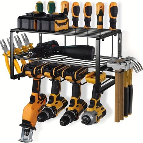 Organisateur d'outils électriques - Porte-Outil pour Perceuse - Étagère Robuste pour Outils & 1 Support à 3 Niveaux pour Perceuse Sans Fil - Étagère Flottante Murale pour le Rangement de 4 Porte-Outil