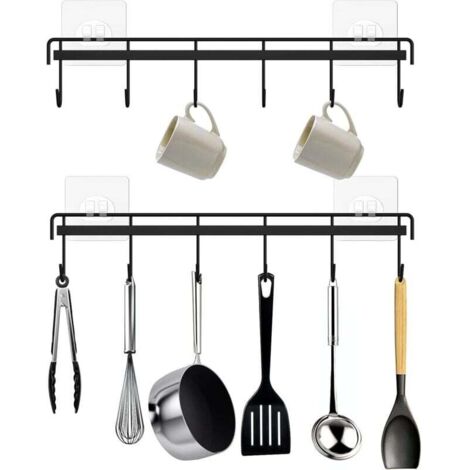 Organisateur d'ustensiles de cuisine, organisateur d'ustensiles de cuisine adhésif mural avec 12 crochets, gain de place, sans perçage requis, noir, lot de 2.
