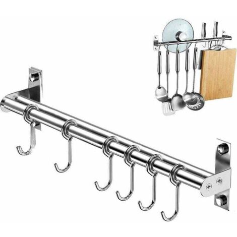 Organisateur d'ustensiles de cuisine, support mural pour ustensiles de cuisine avec 6 crochets coulissants, acier inoxydable, convient pour salle de bain/garage/chambre, 40 cm.