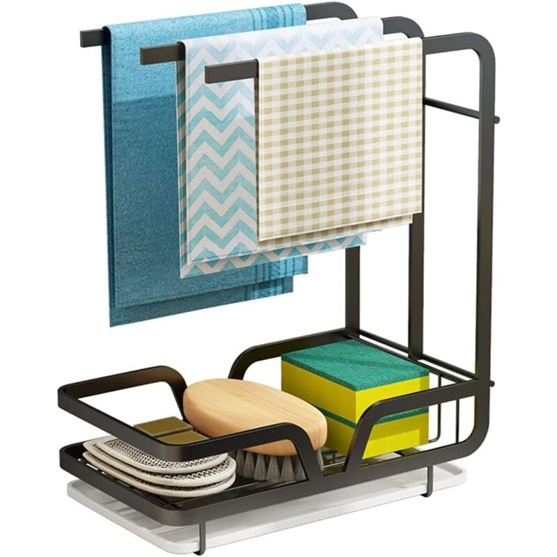 Organisateur d'évier - égouttoir mural pour serviettes, éponges, brosse avec bac d'égouttement pour cuisine et salle de bain (noir)