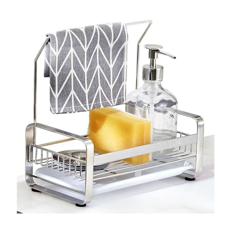 Porte Eponge pour Evier de Cuisine,Rangement Eponge Evier Cuisine en Acier Inoxydable Adhésif&Comptoir, Organisateur pour Brosse Vaiss Lavette