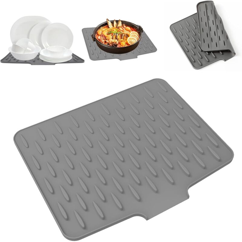 Organisateur évier silicone gris, absorbant/résistant chaleur, égouttoir cuisine.