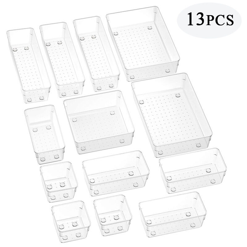 Organisateur Maquillage Lot de 13, Plateaux de Rangement Plastique Boîte Stockage, Organiseurs de Tiroir pour Cosmétiques, Bureau, Cuisine
