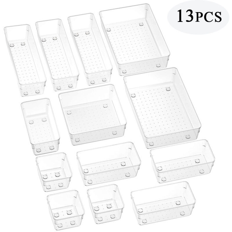 Organisateur Maquillage Lot de 13, Plateaux de Rangement Plastique Boîte Stockage, Organiseurs de Tiroir pour Cosmétiques, Bureau, Cuisine