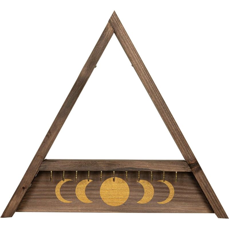 Organisateur mural de bijoux en bois, étagère triangulaire avec phases de la lune et petits crochets pour boucles d'oreilles, colliers, cristaux et