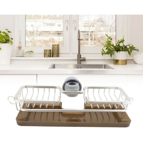 Organisateur pour Robinet de Cuisine Multifonction Aluminium Spatial Plastique Support Économiseur de Place Séchage Rapide Grille et Hanger pour Brosse Savon Argent