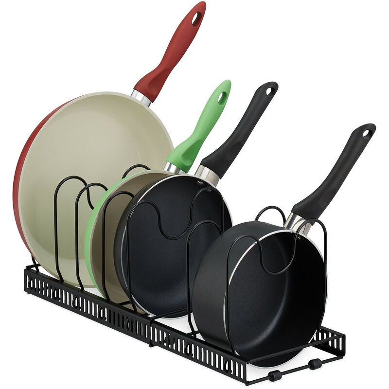 relaxdays - organisateur pour vos casseroles/poêles, extensible, métal, h x l x p : 19 x 59 x 18 cm, noir