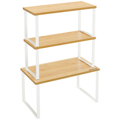 Organisateurs d'armoire de Cuisine, Lot de 3 Coques de comptoir, empilables, Porte-épices Extensibles, en métal et Bambou, Blanc Nuage et Beige Naturel