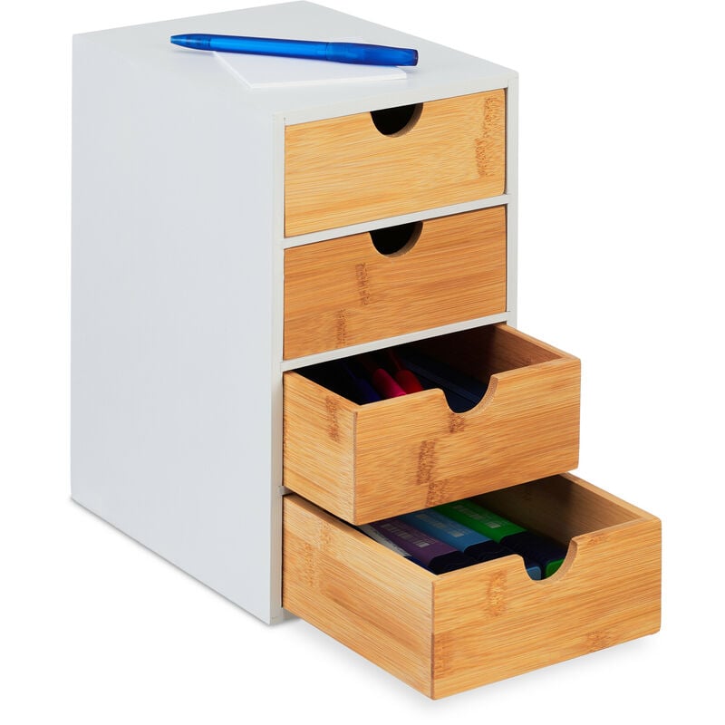 Organiseur à compartiments, bambou, 4 tiroirs, HxLxP: 27,5 x 16,5 x 21 cm, rangement bureau, nature - blanc - Relaxdays