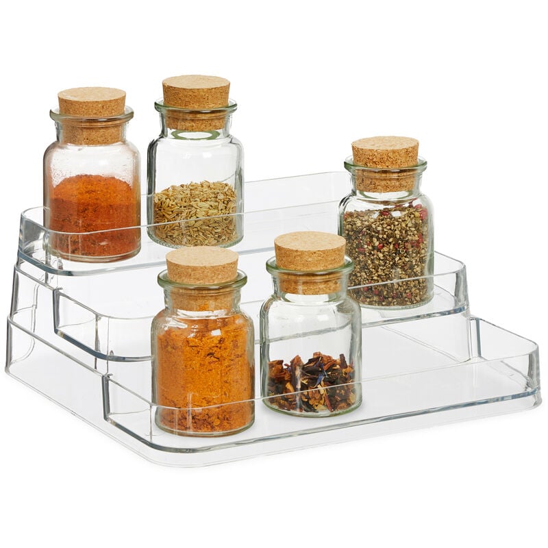 Organiseur à épices, 3 niveaux, pour plan de travail, HxLxP : 10,5 x 26 x 24 cm, plastique, transparent - Relaxdays