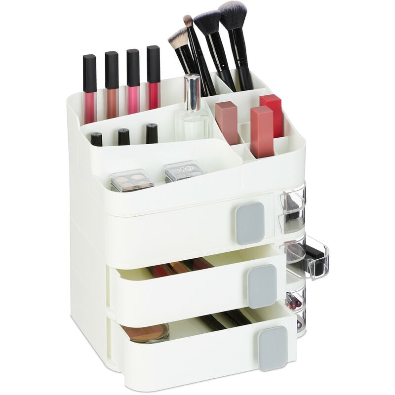 Organiseur à maquillage, 24 compartiments, rangement à cosmétiques, plastique, HxLxP : 27,5x26x21 cm, blanc - Relaxdays