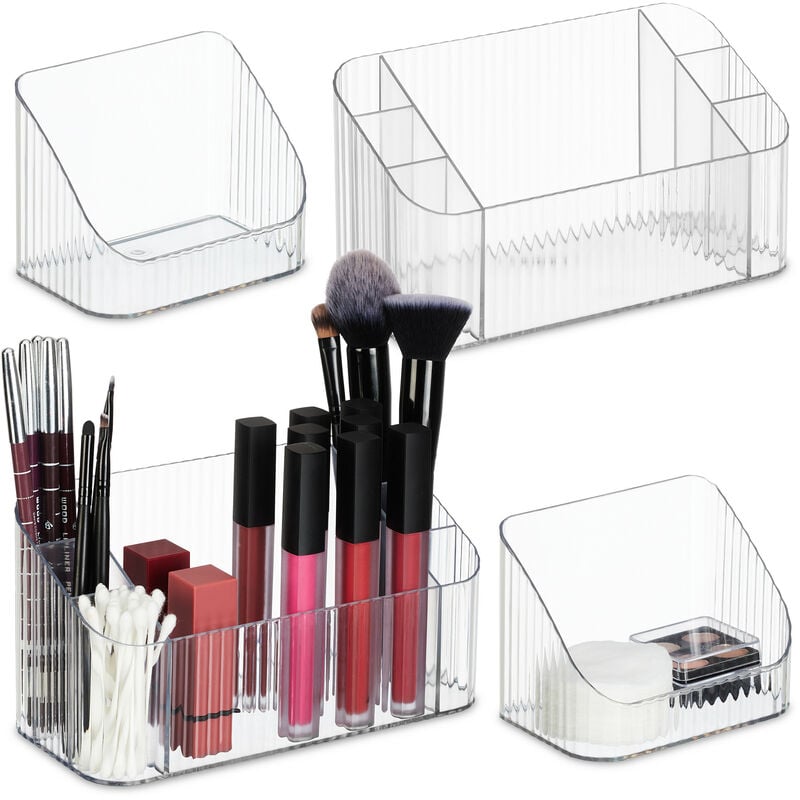 Organiseur à maquillage, lot 2, plastique, produits beauté, pinceaux, accessoires salle de bain, transparent - Relaxdays