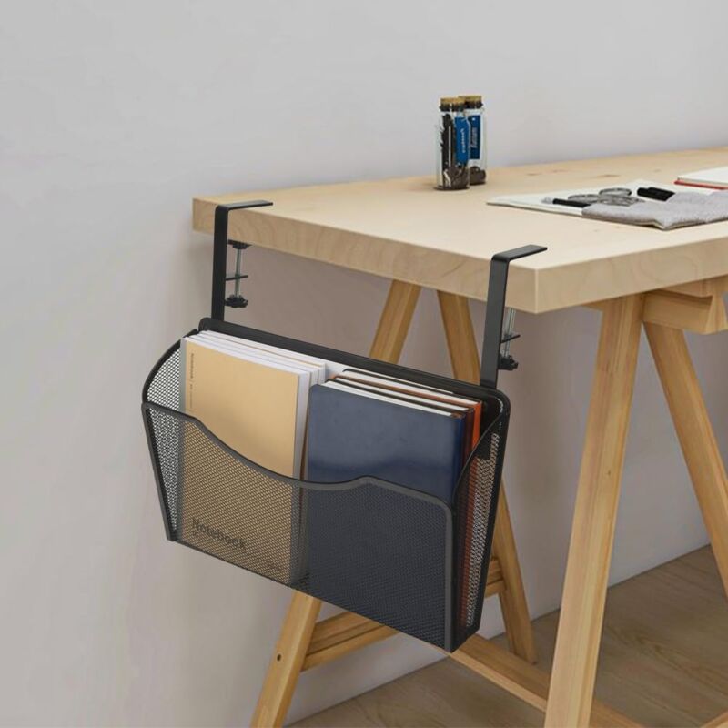 Organiseur à suspendre sous le bureau, clip sur le tiroir de bureau en métal en maille, support de rangement pour magazines et documents sous la