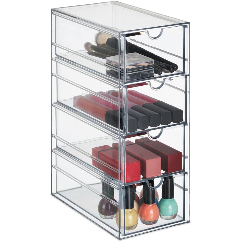 Organiseur à tiroirs, 4 compartiments, pour maquillage, bureau, matériel de bricolage, plastique, transparent - Relaxdays