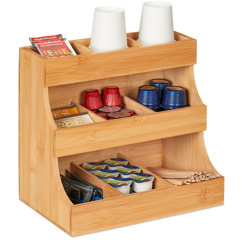 Organiseur accessoires 9 compartiments, bambou, HxLxP : 24x26,5x17,5 cm, station café & thé, rangement, nature - Relaxdays