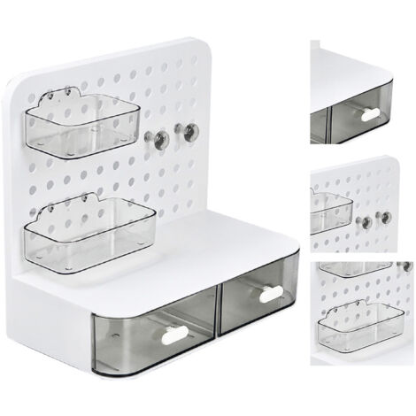 Organiseur Bureau à Pegboard Multifunctionnel, Rangement Compact Plastique Blanc avec Cases pour Accessoires et Élastiques