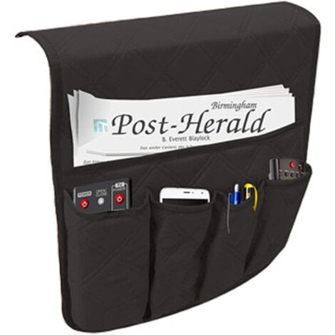 Organiseur d'accoudoir de canapé, pochette antidérapante, sac de rangement en tissu pour téléphones portables, lunettes, télécommande, sac gain de place (noir)
