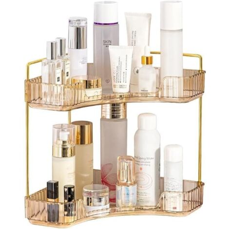 Organiseur d'angle de salle de bain, plateau de courtoisie pour salle de bain, soins de la peau, maquillage, étagère de cosmétiques, articles de toilette, lotions, parfums (2 niveaux, ambre)