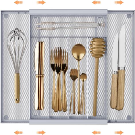 Organiseur d'argenterie en maille métallique, organiseur de tiroir, plateau à couverts pour tiroirs cuisine, extensible avec 7 compartiments, argenté -