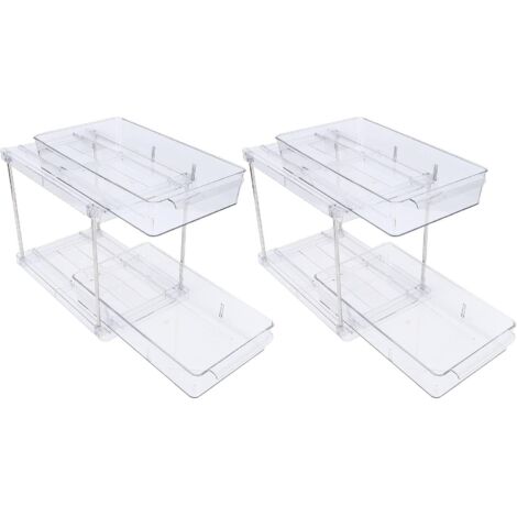 Organiseur d'armoire Coulissant à 2 Niveaux, étagère Coulissante Transparente en PET, Facile Installer pour Armoires de Cuisine, Idéale le Rangement Table et Salle Bain, -