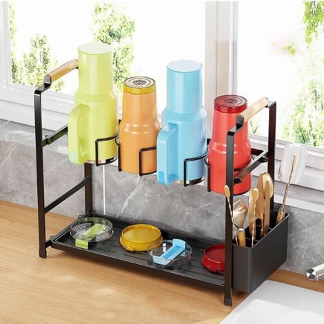 Organiseur de bouteilles d'eau, porte-gobelet double couche, support de rangement en acier carbone avec plateau pour table de cuisine - noir