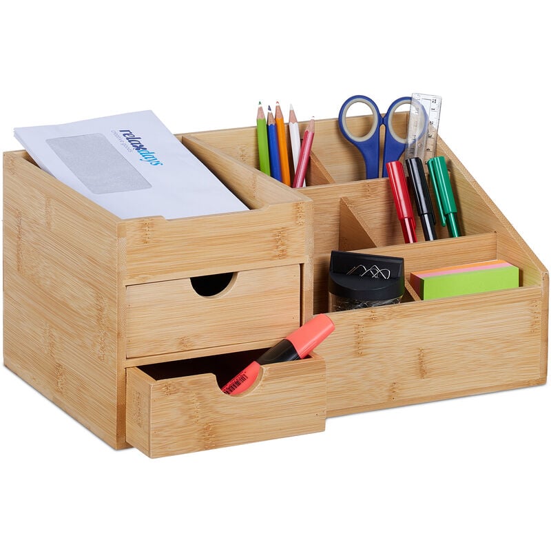 Organisateur bureau, 2 tiroirs, 7 compartiments, HxLxP: 15,5x33x20,5 cm, range-fournitures, bambou, nature - Relaxdays
