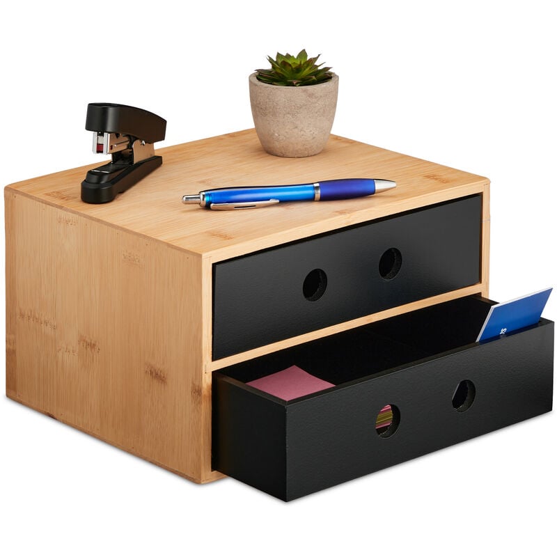 Organisateur bureau, 2 tiroirs, bambou & mdf, HxLxP : 15x25x20 cm, rangement pour ustensiles, nature - noir - Relaxdays
