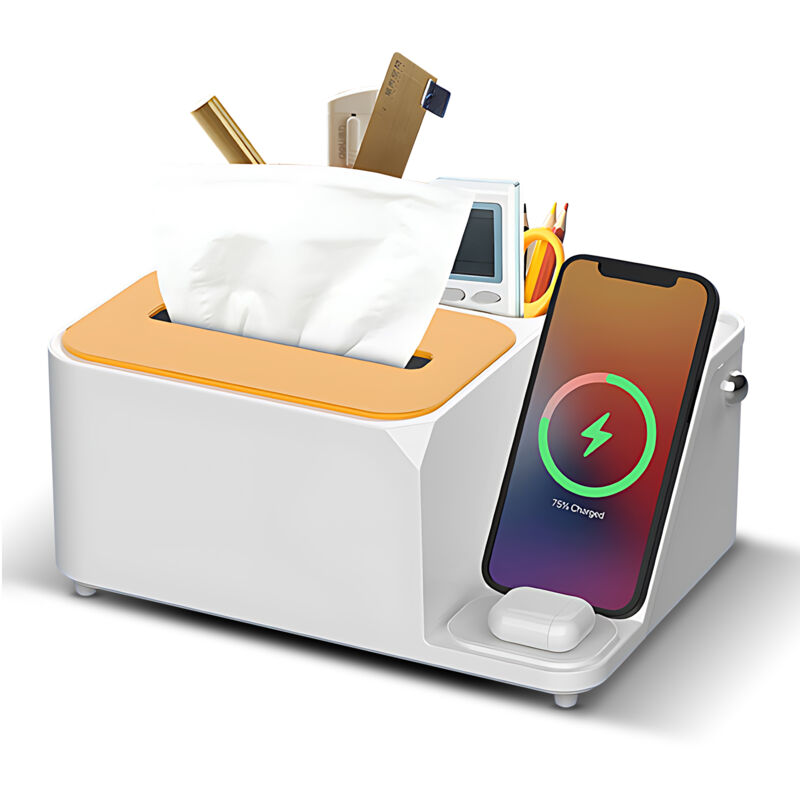 Organiseur de bureau 3 en 1, station de chargement sans fil avec support pour boîte à mouchoirs, boîte de rangement multifonctionnelle de grande