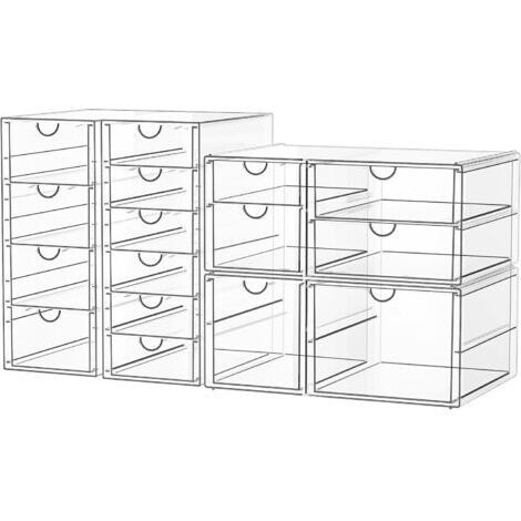 Organiseur de Bureau à 16 tiroirs: Lot de 4 avec Patins Antidérapants Boîte Empilable pour Cosmétiques, fournitures de bureau, outils et blocs de construction