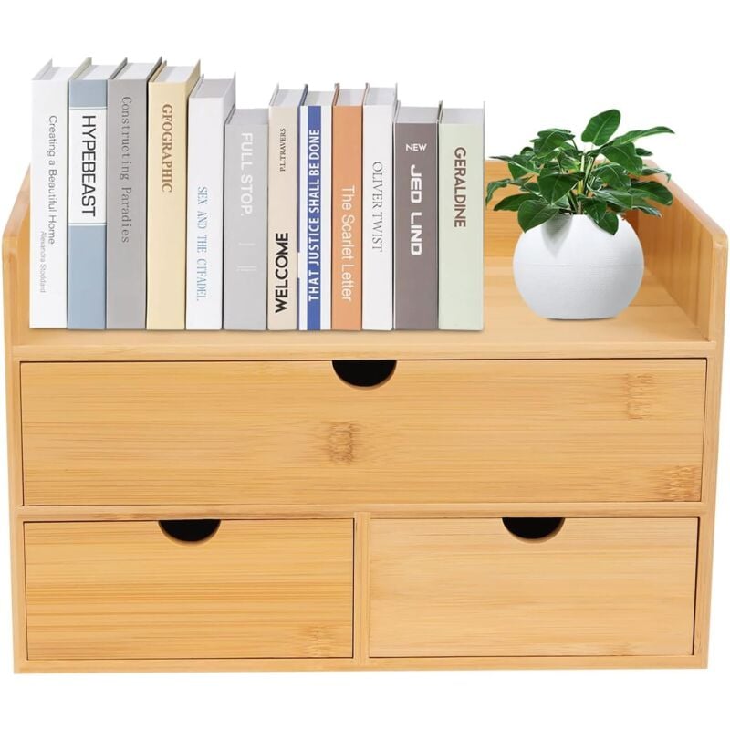 Organiseur de bureau à 3 tiroirs 30 x 19 x 20 cm - En bambou - Pour bureau, salle d'étude, cuisine