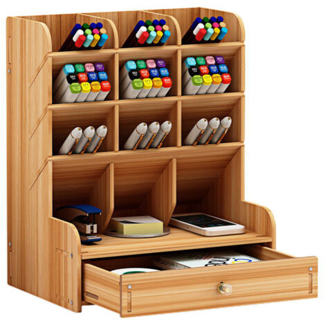 Organiseur de bureau en bois multifonctionnel avec tiroir, porte-stylos et boîte de rangement pour fournitures de bureau, idéal pour la maison, le bureau ou l'école.