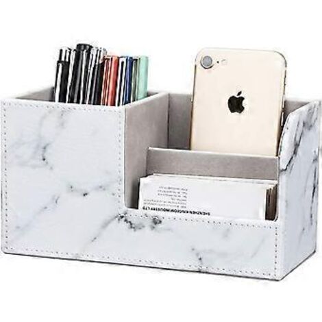 Organiseur de bureau en cuir PU, porte-stylo-crayons, porte-cartes de visite, porte-télécommande (motif marbre blanc)