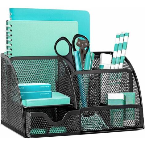 Organiseur de bureau en maille métallique pour fournitures de bureau – Indispensable pour les étudiants et les employés de bureau – Mesh, 5 compartiments de rangement, 1 tiroir (noir)