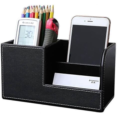 Organiseur de bureau en similicuir pour stylos, crayons, télécommandes, téléphones portables et pinceaux - Boîte de rangement