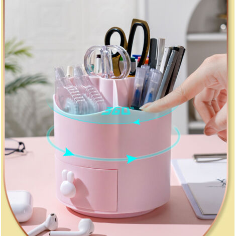 Organiseur de bureau multifonction Rotating, capacité élevée pour stylos et cosmétiques, plastique rose, 5 compartiments