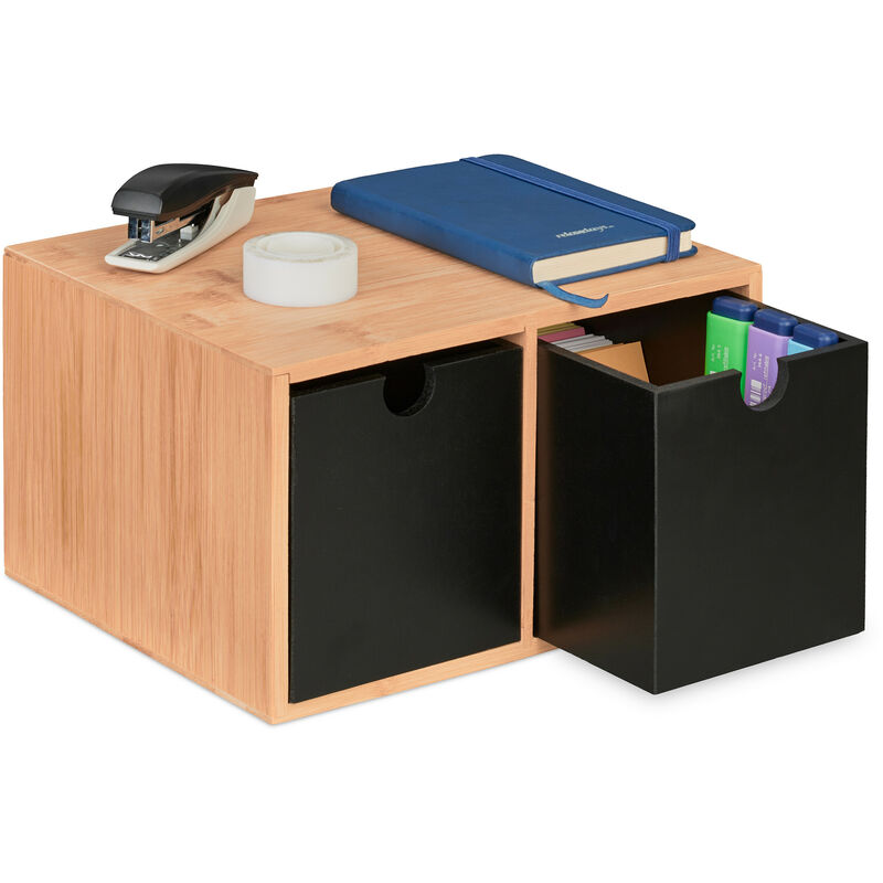 Organiseur de bureau, rangement en bambou, 2 tiroirs, HxLxP : 14,5x24,5x20 cm, porte-stylos, nature - noir - Relaxdays