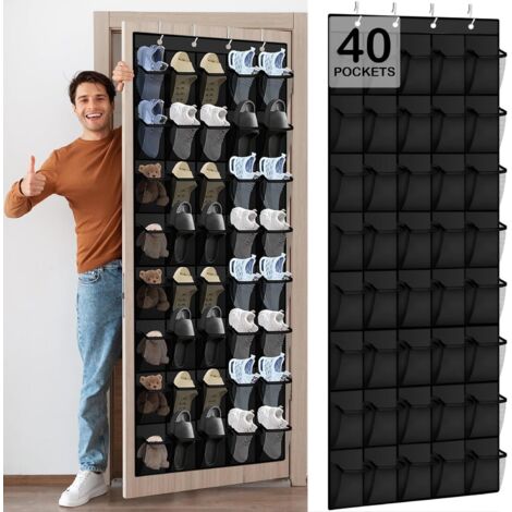 Organiseur De Chaussures Pour Porte - 40 Poches En Maille Respirante - Système De Rangement Suspendu Avec Crochets Métalliques - Noir