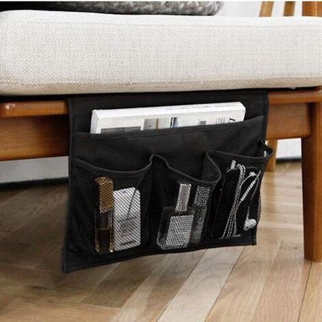 Organiseur de chevet - 4 Poches - Pour lit ou canapé - Sac de rangement à suspendre - Étui support pour livre, téléphone, lunettes, télécommande - Noir