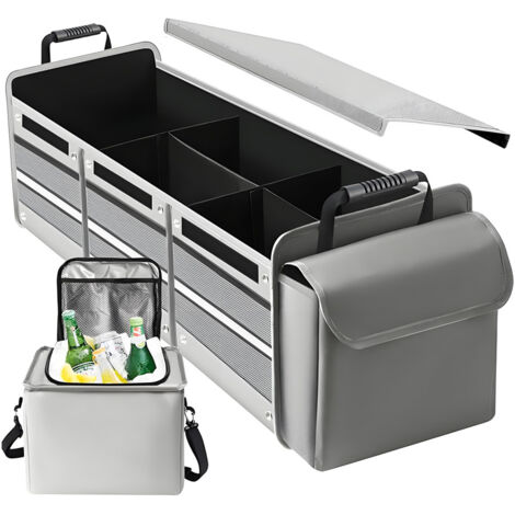 Organiseur de Coffre de Voiture Robuste Pliable Grand Volume 115L (Gris Argenté) : Avec Sac Isotherme Étanche, Couvercle, 3 Compartiments et Sangles, Adapté à Voiture, SUV, Jeep et Berline
