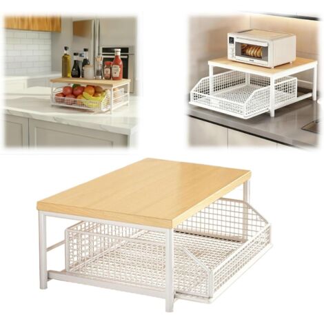 Organiseur de comptoir cuisine avec tiroir et panier  Étagère à 2 niveaux pour cafetière, micro-ondes, grille-pain épices Rangement peu encombrant comptoir, garde-manger (White) White -