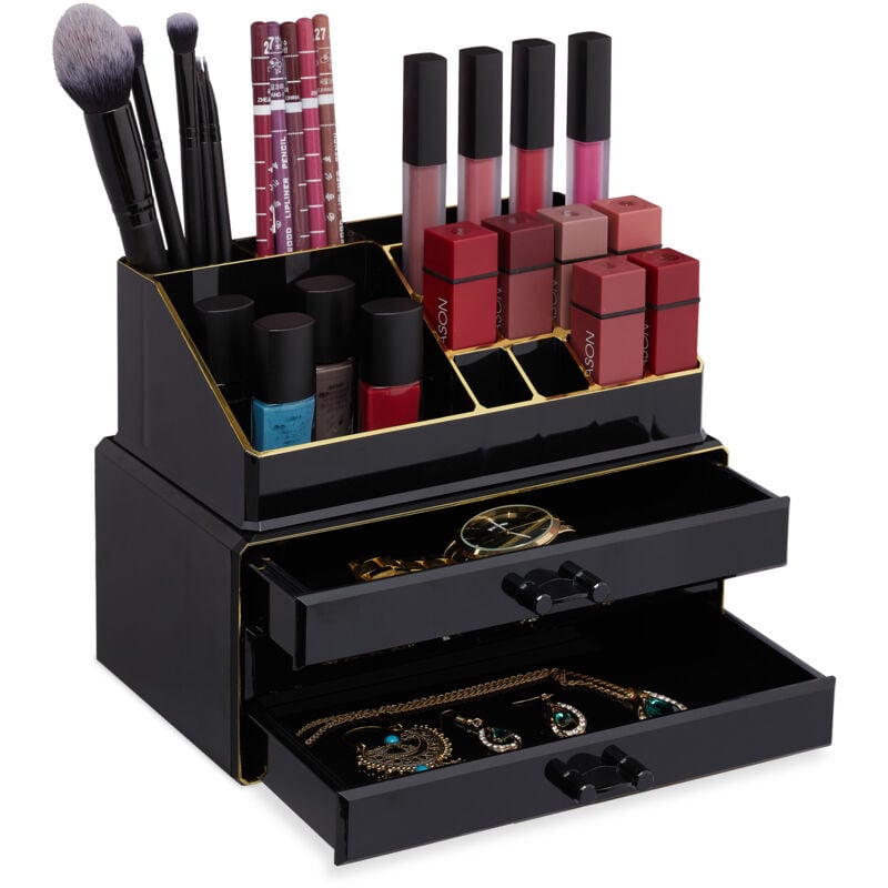 Lot de 2 organiseurs de maquillage, boîte rangement Make up avec tiroirs, support empilable, noir/or
