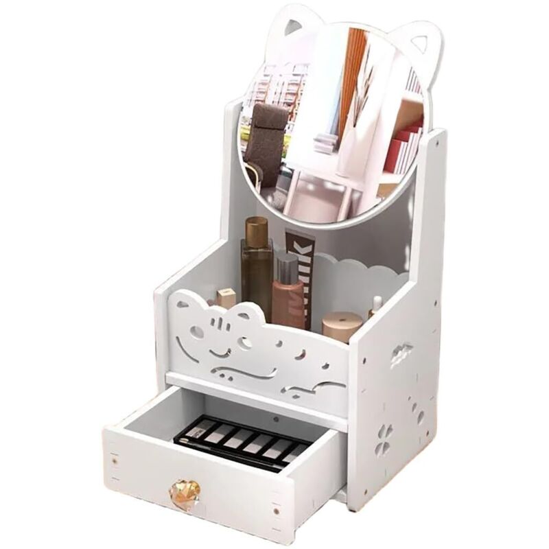Organiseur de maquillage de bureau, tiroir de rangement pour produits cosmétiques avec miroir rabattable, miroir de courtoisie, boîtes de rangement
