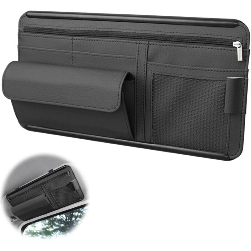 Organiseur de pare-soleil de voiture, organiseur de pare-soleil de voiture, porte-lunettes pour voiture, en cuir, sac de rangement multifonction,